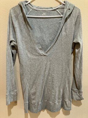 Nike Ribbed Hooded Shirt Gray Cotton V Neck Long Sleeve Hoodie Lightweight M